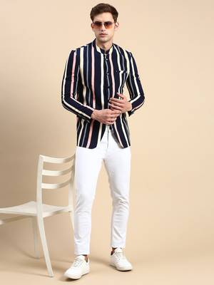 men's striped mandarin collar slim fit bandhgala multicolour blazer 5