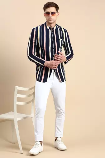 men's striped mandarin collar slim fit bandhgala multicolour blazer