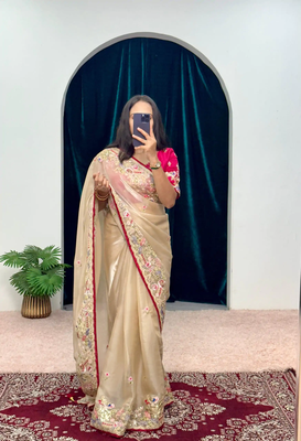 Cream Jimmy Choo Silk Multicolor Sequins Embroidered Saree with Unstitched Blouse 2