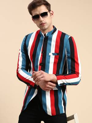 SHOWOFF Men's Striped Mandarin Collar Slim Fit Bandhgala Multi Blazer 1