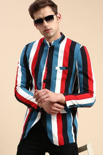 SHOWOFF Men's Striped Mandarin Collar Slim Fit Bandhgala Multi Blazer