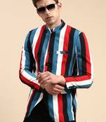 SHOWOFF Men's Striped Mandarin Collar Slim Fit Bandhgala Multi Blazer