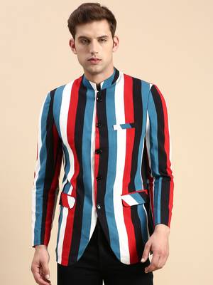 SHOWOFF Men's Striped Mandarin Collar Slim Fit Bandhgala Multi Blazer 2