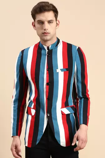 SHOWOFF Men's Striped Mandarin Collar Slim Fit Bandhgala Multi Blazer