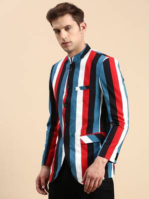 SHOWOFF Men's Striped Mandarin Collar Slim Fit Bandhgala Multi Blazer 3