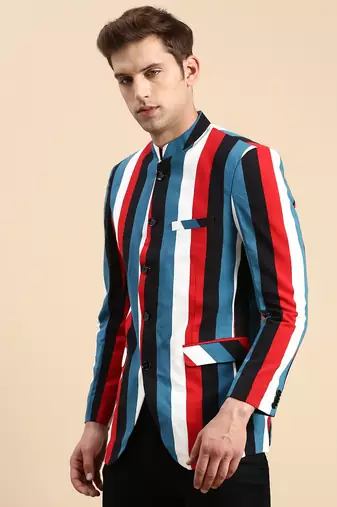 SHOWOFF Men's Striped Mandarin Collar Slim Fit Bandhgala Multi Blazer
