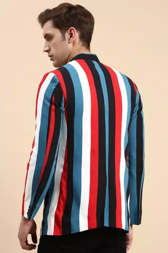 SHOWOFF Men's Striped Mandarin Collar Slim Fit Bandhgala Multi Blazer