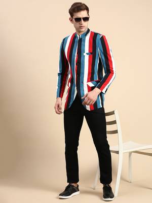 SHOWOFF Men's Striped Mandarin Collar Slim Fit Bandhgala Multi Blazer 5
