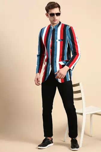 SHOWOFF Men's Striped Mandarin Collar Slim Fit Bandhgala Multi Blazer
