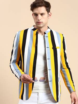 SHOWOFF Men's Striped Mandarin Collar Slim Fit Bandhgala Multi Blazer 1