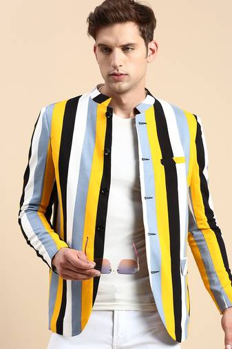 SHOWOFF Men's Striped Mandarin Collar Slim Fit Bandhgala Multi Blazer