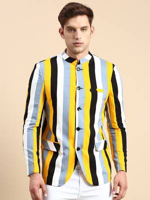 SHOWOFF Men's Striped Mandarin Collar Slim Fit Bandhgala Multi Blazer 2