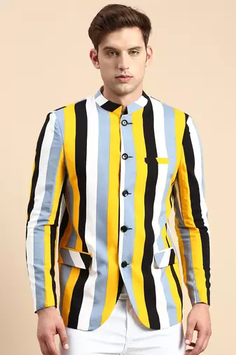 SHOWOFF Men's Striped Mandarin Collar Slim Fit Bandhgala Multi Blazer