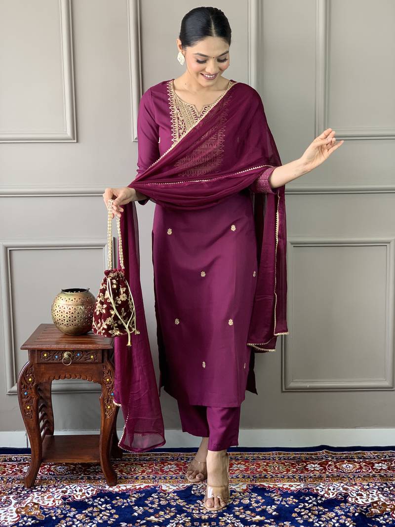 Wine Women Embroidered Rayon Slub Straight Kurta Pant Dupatta Set