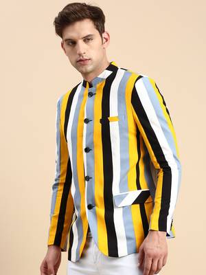 SHOWOFF Men's Striped Mandarin Collar Slim Fit Bandhgala Multi Blazer 3
