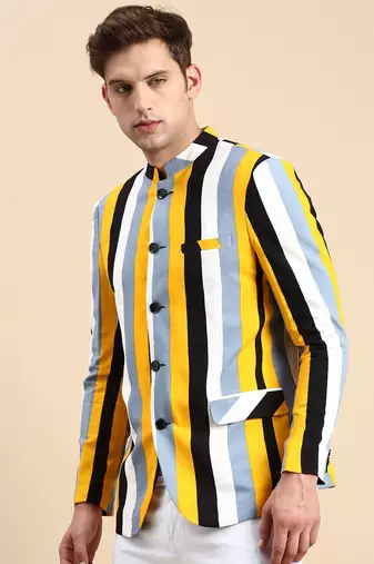 SHOWOFF Men's Striped Mandarin Collar Slim Fit Bandhgala Multi Blazer
