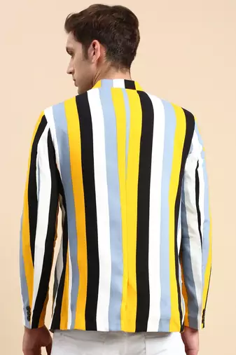 SHOWOFF Men's Striped Mandarin Collar Slim Fit Bandhgala Multi Blazer