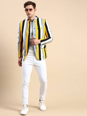 SHOWOFF Men's Striped Mandarin Collar Slim Fit Bandhgala Multi Blazer 5