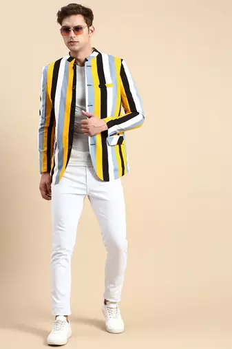 SHOWOFF Men's Striped Mandarin Collar Slim Fit Bandhgala Multi Blazer