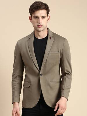 SHOWOFF Men's Single Breasted Olive Solid Slim Fit Blazer 2