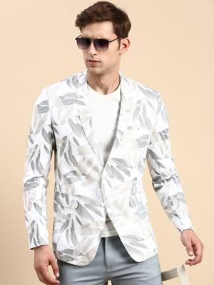 SHOWOFF Men's Single Breasted Off White Printed Slim Fit Blazer 1