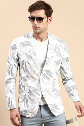 SHOWOFF Men's Single Breasted Off White Printed Slim Fit Blazer