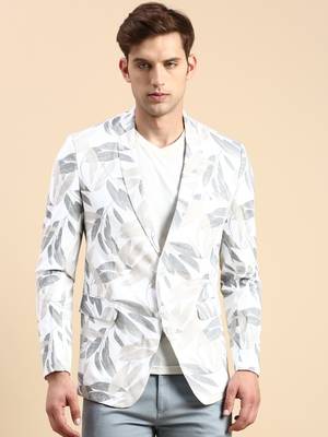 SHOWOFF Men's Single Breasted Off White Printed Slim Fit Blazer 2
