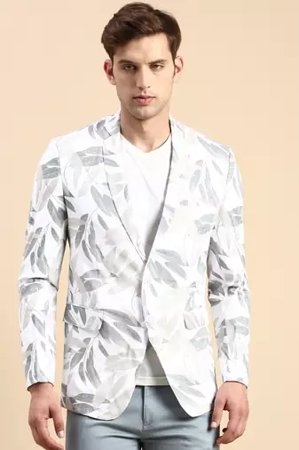 SHOWOFF Men's Single Breasted Off White Printed Slim Fit Blazer