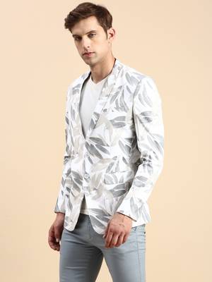 SHOWOFF Men's Single Breasted Off White Printed Slim Fit Blazer 3