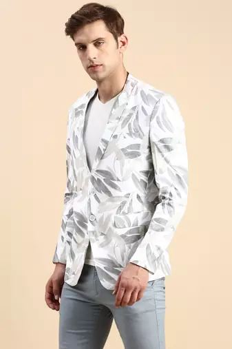 SHOWOFF Men's Single Breasted Off White Printed Slim Fit Blazer