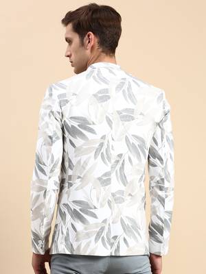 SHOWOFF Men's Single Breasted Off White Printed Slim Fit Blazer 4