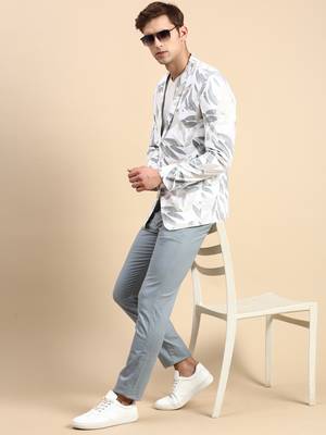 SHOWOFF Men's Single Breasted Off White Printed Slim Fit Blazer 5