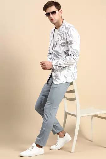 SHOWOFF Men's Single Breasted Off White Printed Slim Fit Blazer