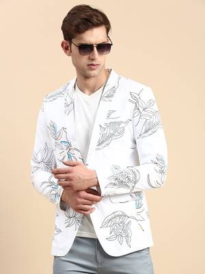 Men's Single Breasted White Printed Slim Fit Blazer 1