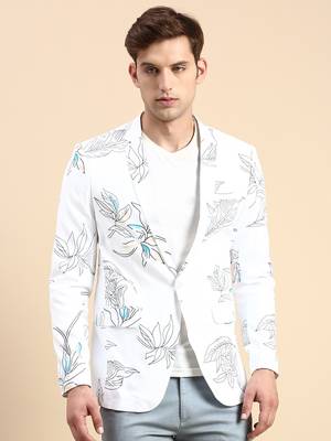 Men's Single Breasted White Printed Slim Fit Blazer 2