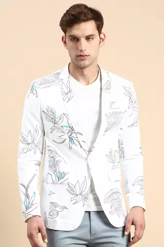Men's Single Breasted White Printed Slim Fit Blazer