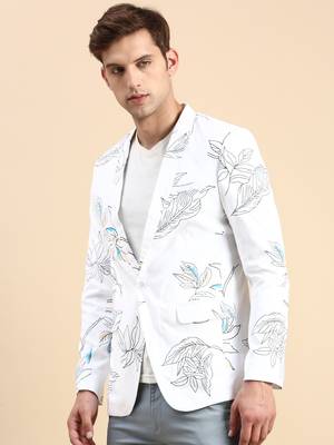 Men's Single Breasted White Printed Slim Fit Blazer 3