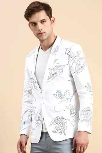 Men's Single Breasted White Printed Slim Fit Blazer