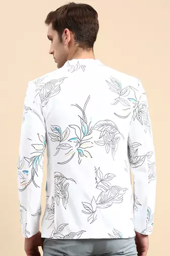 Men's Single Breasted White Printed Slim Fit Blazer