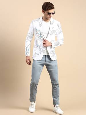 Men's Single Breasted White Printed Slim Fit Blazer 5