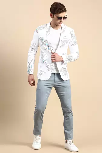 Men's Single Breasted White Printed Slim Fit Blazer