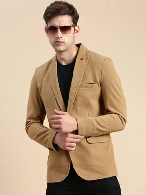 SHOWOFF Men's Single Breasted Khaki Solid Slim Fit Blazer 1