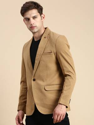 SHOWOFF Men's Single Breasted Khaki Solid Slim Fit Blazer 2