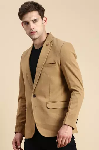 SHOWOFF Men's Single Breasted Khaki Solid Slim Fit Blazer