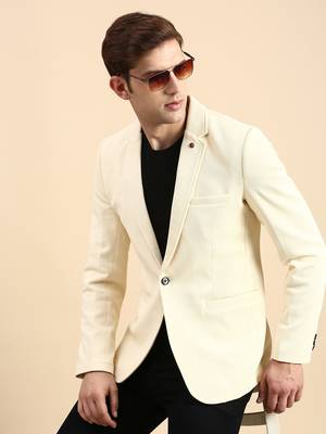 SHOWOFF Men's Single Breasted Cream Solid Slim Fit Blazer 1