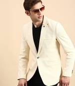 SHOWOFF Men's Single Breasted Cream Solid Slim Fit Blazer