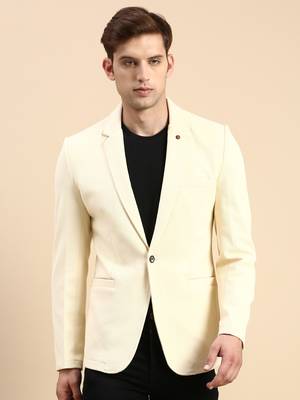 SHOWOFF Men's Single Breasted Cream Solid Slim Fit Blazer 2