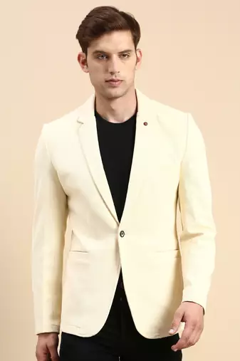 SHOWOFF Men's Single Breasted Cream Solid Slim Fit Blazer