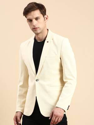 SHOWOFF Men's Single Breasted Cream Solid Slim Fit Blazer 3
