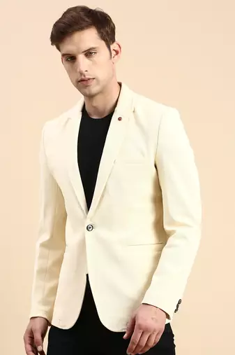 SHOWOFF Men's Single Breasted Cream Solid Slim Fit Blazer